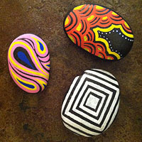 Demo rocks in 1960s motifs drawn by Leila Singleton for the Berkeley Art Center Collect! Art Auction